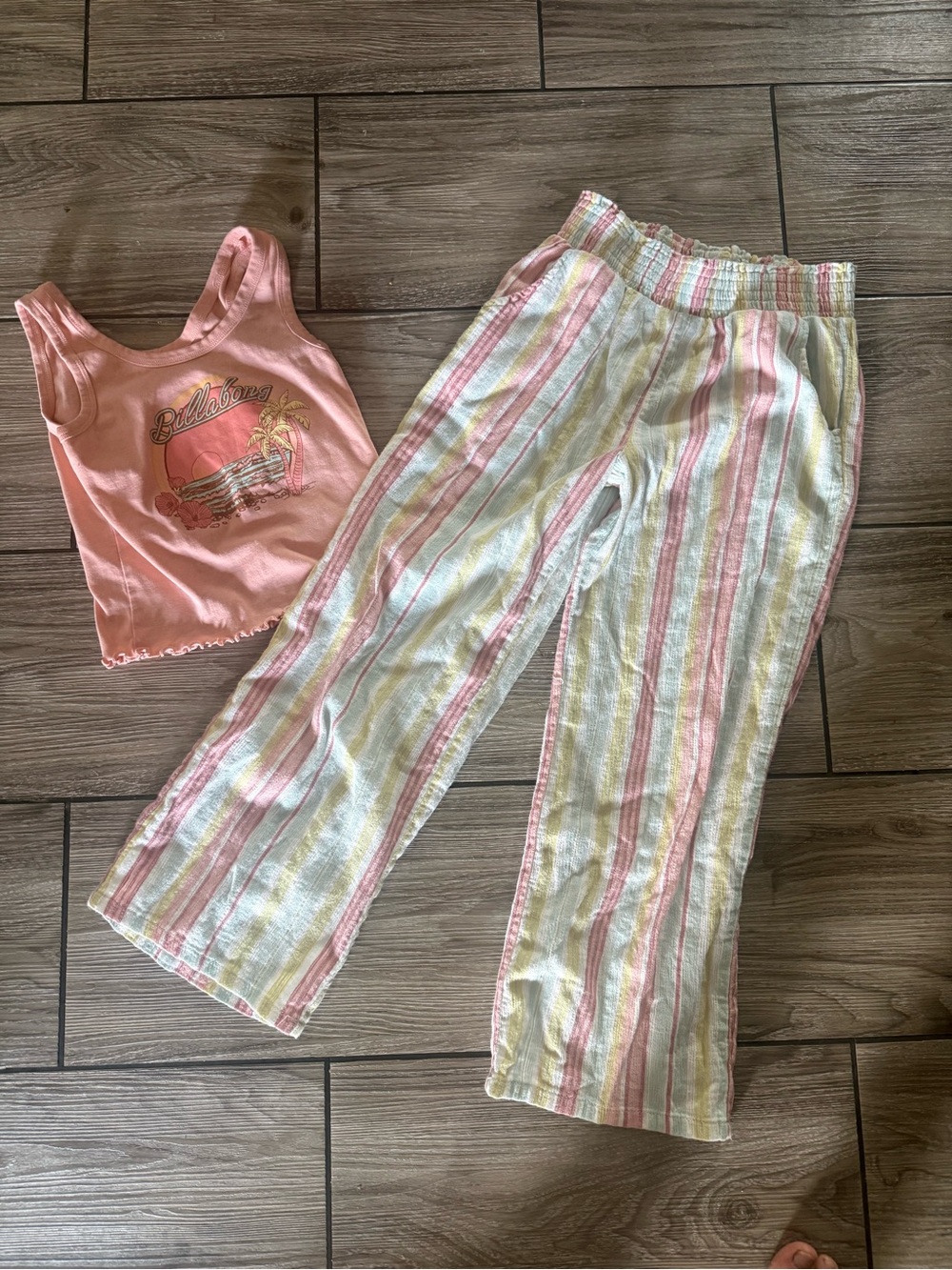 Billabong Pastel Stripe pants in Pink, Yellow & Mint & tank with lettuce hem